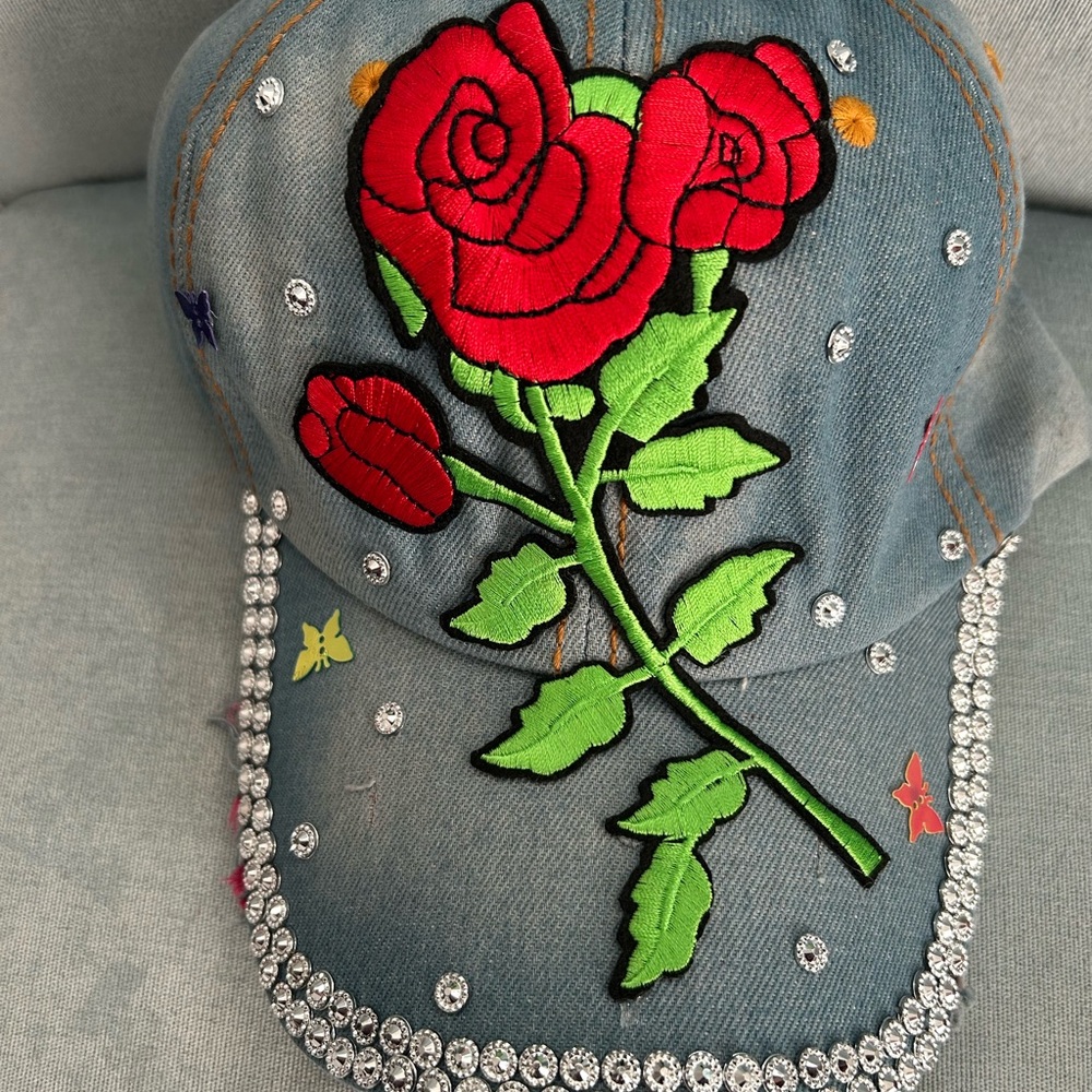 Private Label Denim Hat with Red and Green Floral Embroidery